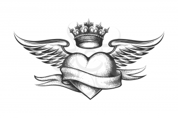 Heart with King Crown and Wings Tattoo in Engraving Style. Vector illustration.