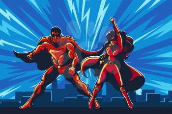 Superhero Couple staying on the roof with City Skyline Background. Vector illustration.