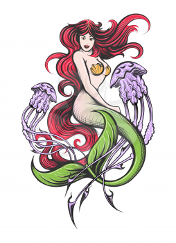 Mermaid With Long Red hair with Two Purple Jellyfishes Tattoo. vector illustration.