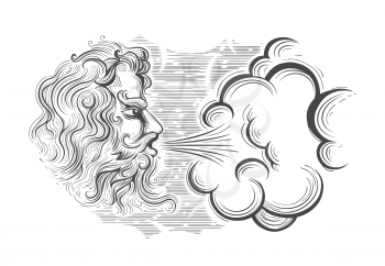 Hand drawn Medieval God of Wing Zephyrus in engraving style. Vector illustration.