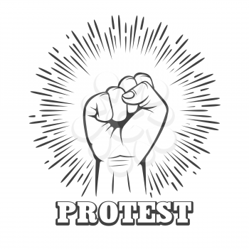 Male rising fist on a white background with wording Protest. Symbol of freedom, fight, revolution, unity, strength and struggle. Vector illustration.