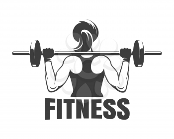 Fitness Club emblem. Training Woman with barbell. Vector illustration.