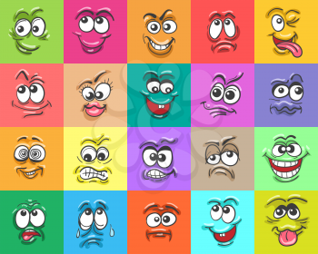 Cartoon face expressions. Happy surprised faces, doodle characters mouth and eyes. Face doodle set. Vector illustration