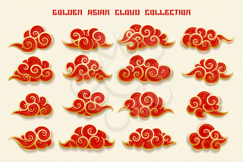 Collection of red and gold clouds in Chinese style. Vector Illustration.