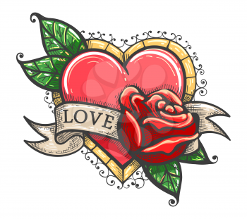 Heart, rose flowers, ribbon and word Love, classic old school tattoo on a white background. Vector Illustration 