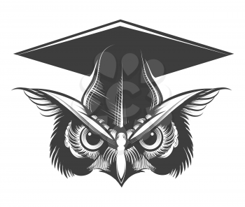 Owl in Bachelor Hat Tattoo drawn in engraving style. vector illustration.