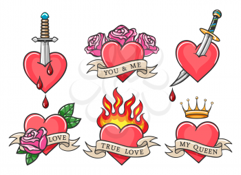 Traditional Heart tattoo set with love theme inscriptions. Oldschool heart tattoos with daggers, roses, ribbons and fire, crown and drops of blood. Vector illustration.