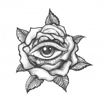 Tattoo with Human Eye inside a Rose flower isolated on white background. Vector illustration.