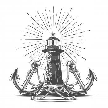 Hand Drawn Vintage Lighthouse graphics in engraving style. Lighthouse two anchors and rope knot. Vector illustration.