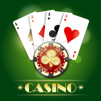 Golden chip with ace card casino emblem concept. Poker club emblem on green background. Vector illustration.