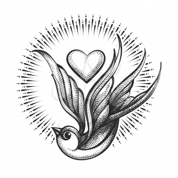Love Theme Tattoo of Swallow and Heart isolated on white background. Vector illustration.