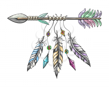 Hand drawn arrow with feathers. Tribal boho indian talisman isolated on white background. Vector illustration