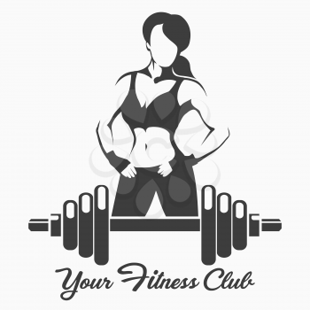 Fitness  logo or Emblem with Posing Sporty Woman and dumbbell. Vector illustration.