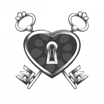 Tattoo of lock with two keys drawn in engraving style. Vector illustration.