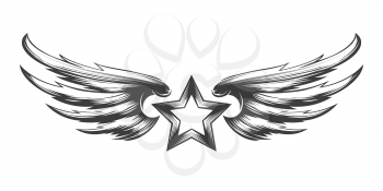 Tatttoo of Star with wings drawn in engraving style. Vector illustration.