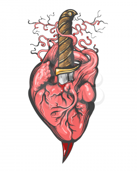 Tattoo of Heart pierced by Dagger. Vector illustration.