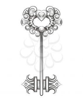Tattoo of Vintage key drawn in engraving Style isolated on white. Vector illustration.