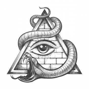 Tattoo of All seeing Eye in Magic Delta Triangle Entwined by Snake of Wisdom. Vector illustration