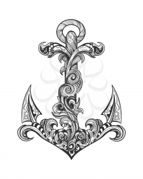 Vintage Ship Anchor made of swirls. Tattoo in engraving Style. Vector illustrtion.