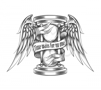 Hourglass with Wings and Ribbon with Wording Time Waits for no One. Tattoo in Engraving Style. Vector illustration.