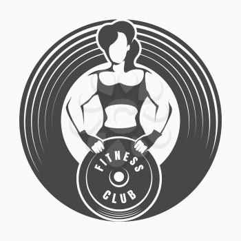 Fitness Logo or Emblem with Woman Holding Barbell Weight isolated on white. Vector illustration.