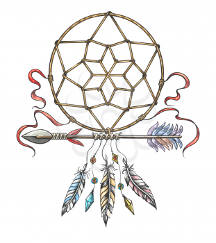 Hand drawn colorful  illustration of dream catcher and indian arrow. Tribal tattoo isolated on white. Vector illustration.