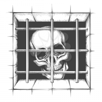 Jail Skull Tattoo in engraving style isolated on white. Vector Illustration.