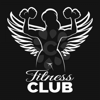 Bodybuilder or Fitness Club Template. Silhouette Athletic Woman with wings Holding Dumbbell. Vector Illustration.
