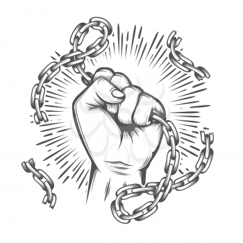 Tattoo of Human Fist with Broken Chain. Feedom concept. Vector illustration.