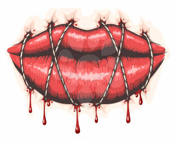 Colorful Tattoo of Stitched Lips isolated on white. Vector Illustration