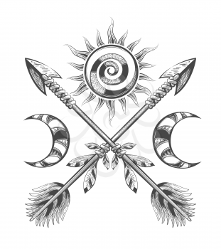 Esoteric Illustration of Sun Moon and Arrows drawn in tattoo style. Vector illustration