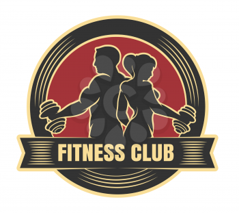 Fitness club logo with exercising athletic man and woman isolated on white. Vector illustration