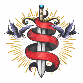 Tattoo of Sword with ribbon and two swallows drawn in engraving style. Vector illustration.