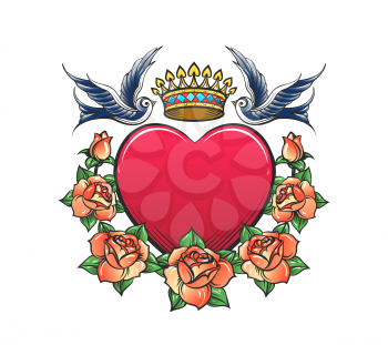 Tattoo of Heart with Crown Rose Wreath and Two swallows isolated on White. Vector illustration