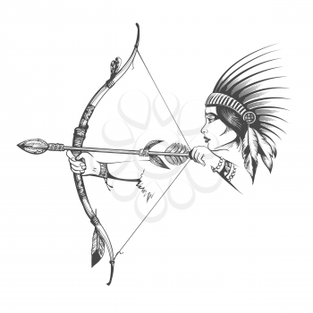 Tattoo of Woman in Natine Indian War Hair Dress stands with Bow and Arrow isolated on white. Vector illustration.