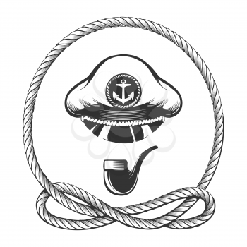 Navy captain hat with smoking pipe in marine rope circle. Vector illustration