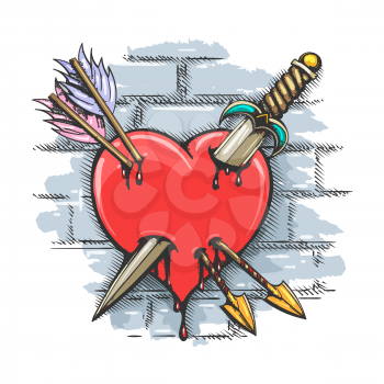 Colorful Tattoo of Heart Pierced by Dagger and Arrows on brick wall background. Vector Illustration.