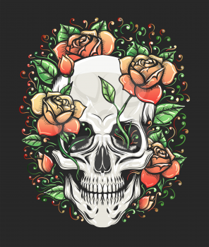 Tattoo of Skull and Rose Branch on black background. Vector Illustration.