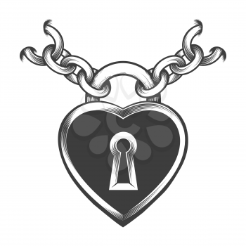 Tattoo of Heart Shaped Lock and Chains drawn in engraving style. Vector ilustration.