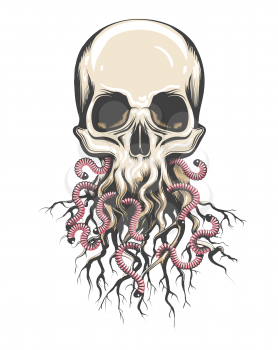 Tattoo of Human Skull with Roots and Worms isolated on white. vector tattoo.