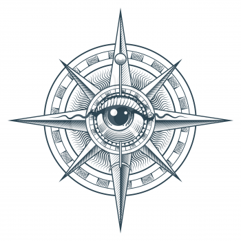 Tattoo of Wind Rose Compass with All Seeing Eye Inside. Esotric concept tattoo isolated on white. Vector illustration.