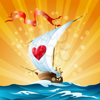 Small ship with a sign of heart on a sail. Cartoon illustration.