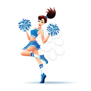 Young cheerleader dancing with pom poms. Isolated on white.