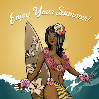 Hawaiian girl with surf board against ocean tide. Only free font used.