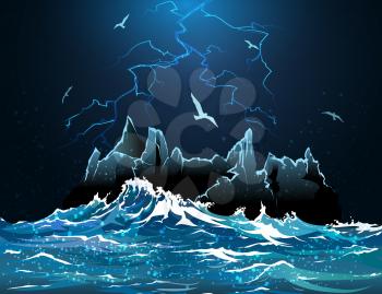 Illustration of lightning in the night sky against island in the stormy ocean