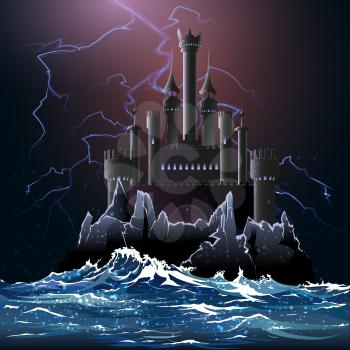 Old island castle against stormy night and lightning in the sky.