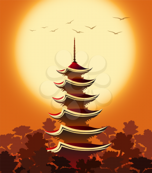 Eastern landscape with Pagoda in mountains at sunset. Colorful Illustration.
