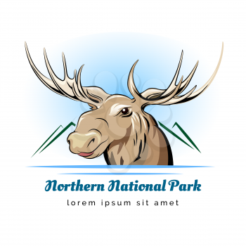 National park logo or emblem with moose head. Isolated on white.