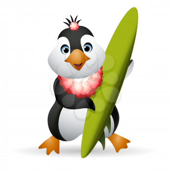 Penguin in flower necklace Holding a Surfboard. Illustration in cartoon style. Isolated on white background.