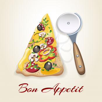 Illustration of pizza piece, rolling pizza knife and wording Bon appetit